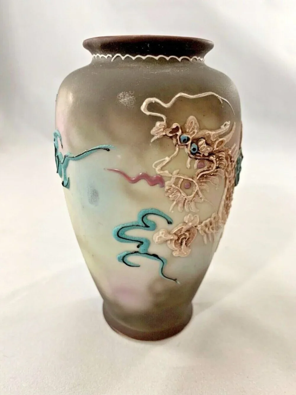 Japanese Dragon Moriage Vase Ceramic Brown Blue HandPainted Dragonware Raised